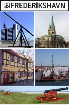 From upper left: Kattegat Silo, Frederikshavn Church [da], Havnegade, Port of Frederikshavn, Nordre Skanse