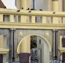 Postmodern mascarons in cartouches spilling water in Piazza d'Italia, New Orleans, USA, by Charles Moore, 1978[26]