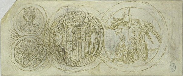 Vier medailles, inv. 2318r, ca. 1440-1450, pen en inkt op papier, 8 × 19