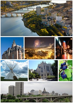 Van links naar rechts - het centrum van Saskatoon met het zuiden van Saskatchewan rivier, het Delta Bessborough Hotel, de Saskatoon Vuurwerk Festival, Broadway Avenue, Wanuskewin Erfgoed Park, de Universiteit van Saskatchewan, de Saskatoon bessen, en de skyline van Saskatoon met de Broadway Brug