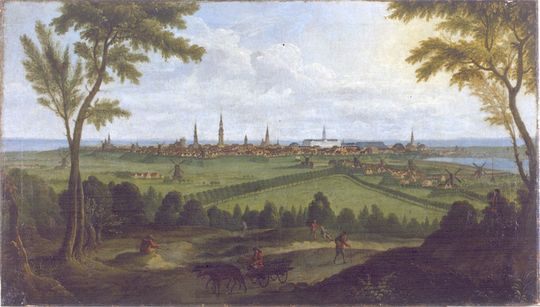 1758. Udsigten fra Valby Bakke mod København. Vejene Vesterbrogade (derefter Vestre Landevej) og Gammel Kongevej kan ses divergerende.