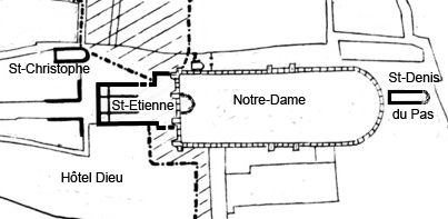 Kyrkan Saint-Denis-du-Pas läge vid Notre-Dame.