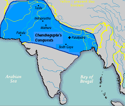 Possible extent of the Maurya Empire after the Seleucid–Mauryan war, c. 305 BCE