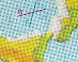 Este primeiro plano dunha impresión de semitonos mostra como o maxenta na parte superior do amarelo aparece como laranxa / vermello e o cian na parte superior do amarelo aparece como verde.