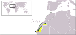 Het door Marokko bezette deel (gearceerd) en door Polisario gecontroleerde deel (geel) van de Westelijke Sahara.