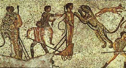 Lleopard atacant un condemnat a l'arena (mosaic de Zliten, c. 200)