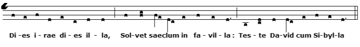 The Dies iræ melody in four-line neumatic chant notation.