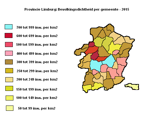 Provincie Limburg: bevolkingsdichtheid per gemeente