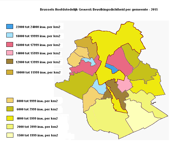 Brussels Hoofdstedelijk Gewest: Bevolkingsdichtheid per gemeente – 2015