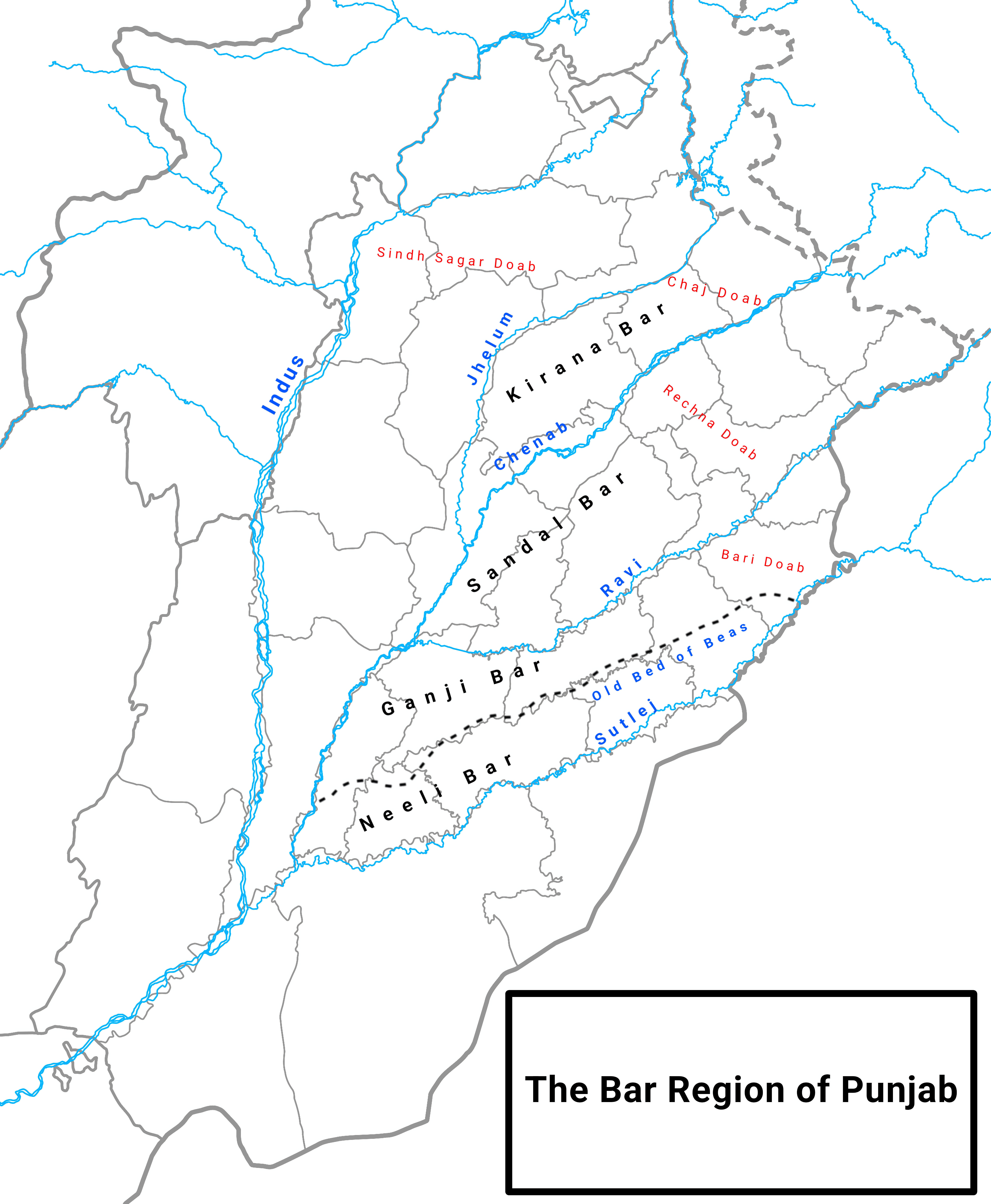 Map showing the Bar region of Punjab and its subregions in Punjab, Pakistan.