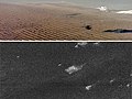 Immagine inferiore: dune trasversali composte da sedimenti sabbiosi su Belet (una formazione di albedo scura sulla superficie equatoriale di Titano, il satellite maggiore di Saturno). Non si tratta di una fotografia ma di un'immagine RADAR. Viene proposto il confronto (immagine superiore) con dune sabbiose della costa namibiana.