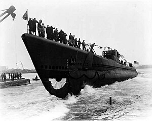 Piranha (SS-328) at her launching, Portsmouth Navy Yard, 10 October 1943.