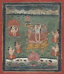 Depicted enthroned, a decapitated, dark-complexioned woman wearing a red/orange sari holds a sword in her left hand and her own severed head (with a lotus crown) on a platter in her right hand. Five seated devotees (including one with a ram's head) with folded hands surround her. A lake with a large lotus is in the foreground.