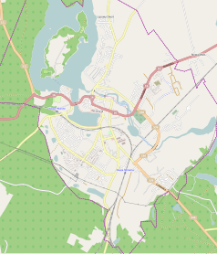 Mapa konturowa Iławy, w centrum znajduje się punkt z opisem „Kamienica przy ul. Kościuszki 6”