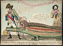 An engraved print showing a man in a distinctive naval uniform dragging two crocodiles with human heads. To the right of the image a man in a peasant's smock cheers approvingly.