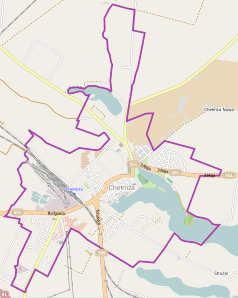 Mapa konturowa Chełmży, blisko centrum na dole znajduje się punkt z opisem „Kościół św. Mikołaja w Chełmży”