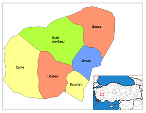 Mapa dos distritos da província de Uşak