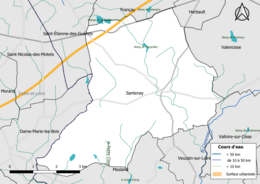 Carte en couleur présentantle réseau hydrographique de la commune