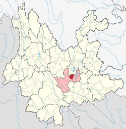 Location of Hongta District (red) and Yuxi Prefecture (pink) within Yunnan province of China