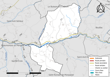 Carte en couleur présentant le réseau hydrographique de la commune