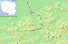 Mapa konturowa Beskidu Śląskiego, u góry nieco na prawo znajduje się czarny trójkącik z opisem „Wielka Cisowa”