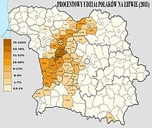 Procentowy udział Polaków na historycznej Litwie w 2011 r.