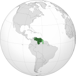 Venezuela on the globe. Disputed lands are shown in light green.[1]