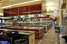 Rows of cooking stations in a large room