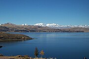 The Cordillera Real as seen from Lake Titicaca with Chearoco and Chachacomani in the center.