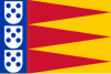 Blue vertical banner on the left with 3 vertically stacked white shields with 5 blue points each. Alternating red and yellow triangles on the rest of the flag.