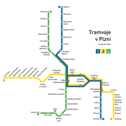 Schéma električkových liniek v Plzni v roku 2022