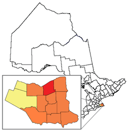 St. Catharines (rött) i Niagara-regionen och Ontario. Storstadsområdet i orange.