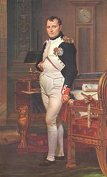 Full length portrait of a man in his forties, in high-ranking dress white and dark blue military uniform. He stands amid rich 18th-century furniture laden with papers, and gazes at the viewer. His hair is Brutus style, cropped close but with a short fringe in front, and his right hand is tucked in his waistcoat.