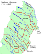 Vuosina 1701–1815 perustetut pitäjät. Vuodesta 1809 lähtien koillisten rajapitäjien itäosa kuuluu Suomeen.