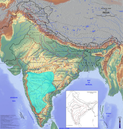 The Deccan Plateau (cyan) forms a major part of Peninsular India