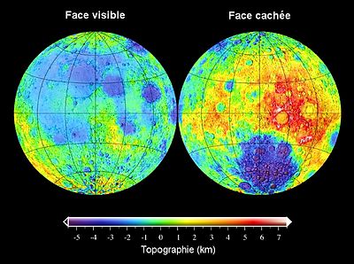 À gauche la face visible, à droite la face cachée. La face visible est surtout colorée en bleu et vert, la cachée a une grosse zone rouge.