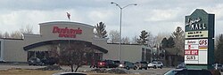 An exterior view of a shopping mall, with signage visible reading "Alpena Mall" and "Dunham's Sports".