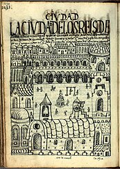 "The City of the Kings of Lima, royal high court, principal city of the kingdom of the Indies, residence of the viceroy[...]", painting of 1615 by the Inca painter Guamán Poma. Royal Library, Denmark.[32]