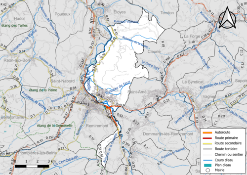 Carte en couleur présentant le réseau hydrographique de la commune