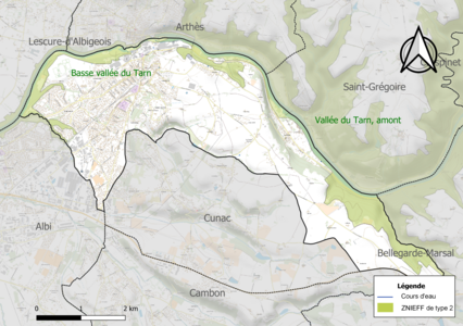 Carte des ZNIEFF de type 2 sur la commune.