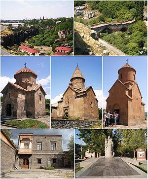 From top left: Ashtarak town • Ashtarak bridge of 1664 Karmravor Church • Saint Marianeh Church • Surp Sarkis Church House-museum of Perch Proshyan • the statue of Nerses Ashtaraketsi