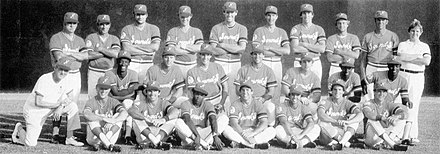 A black and white photograph of baseball players in uniforms and caps posed in three rows standing, sitting, and kneeing on a baseball field