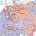 Distribution du protestantisme (rouge) et du catholicisme (bleu) en Europe centrale (en 1618).