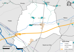 Carte en couleur présentantle réseau hydrographique de la commune