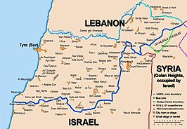 De demarcatielijn (blauw) tussen Israël en Libanon. De operatiezone van de UNIFIL-macht ligt tussen de Litani-rivier (lichtblauw) en deze demarcatielijn.