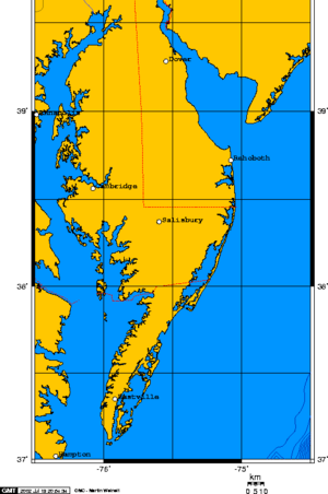 O hartă a întregului stat actual Delaware și porțiuni adiacente acestuia din statele vecine Maryland și Virginia (simbolizate prin acronimul frecvent utilizat local, DelMarVa).