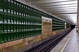 De tunnelwand met cermet panelen en stationsnaam