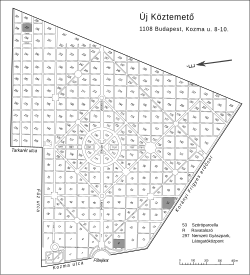 Az Új köztemető eligazító táblája, a 301-es parcella a temető bejáratától balra a legtávolabbi sarokban van