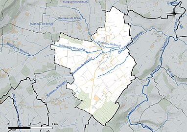 Carte en couleur présentant le réseau hydrographique de la commune