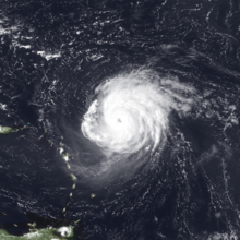 A view of Hurricane Fabian from Space on September 1, 2003. The intense Category 4 storm is located about 190 miles north-northeast of Barbuda. The storm's eye, visible at the center of the image, is over the open waters of the Atlantic Ocean.